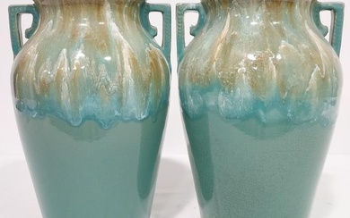 PAIR VINTAGE GREEN GLAZED POTTERY PLANTERS