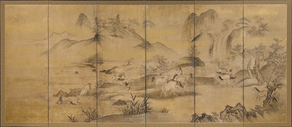 PARAVENT À SIX PANNEAUX (BYOBU). Japon, période Edo, L 364,5 cm, 160 × 60 cm...