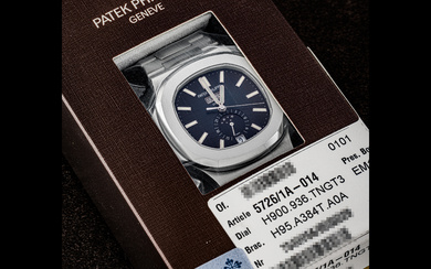PATEK PHILIPPE. A STAINLESS STEEL AUTOMATIC ANNUAL CALENDAR WRISTWATCH WITH SWEEP CENTRE SECONDS, MOON PHASES, 24 HOUR INDICATION AND BRACELET, DOUBLE SEALED NAUTILUS MODEL, REF. 5726/1A-014, CIRCA 2023