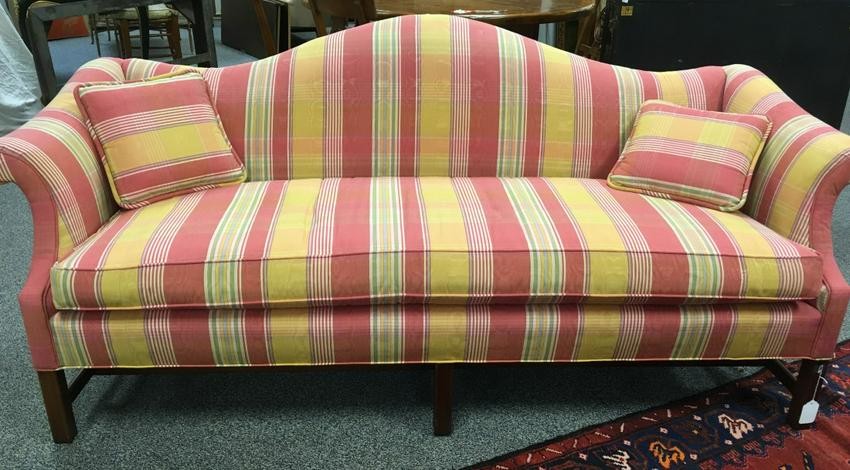 PINK / YELLOW PLAID MOIRE CAMEL BACK SOFA