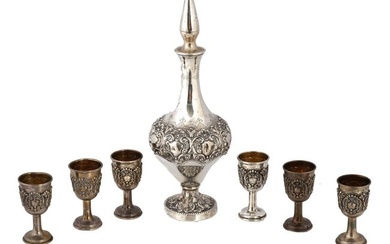 PORTUGUESE STERLING SILVER SET CARAFE AND SIX CUPS
