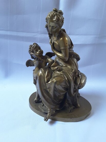 P.R. Salmson - Sculpture, sculpture group of a seated female figure and putto with mirror (1) - Bronze - 19th century