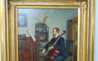 Painting, man with cello in study, signed illegibly, oil on panel, panel marked Ebeseder, Wien