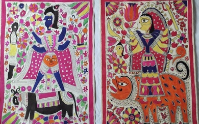Paintings of Mithila Shiva and Parvati/Durga - Paper, pigments - India/Nepal - mid 1970's