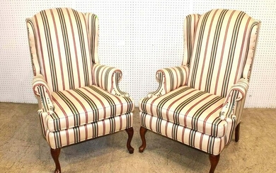 Pair Clayton Marcus striped upholstered wing chair