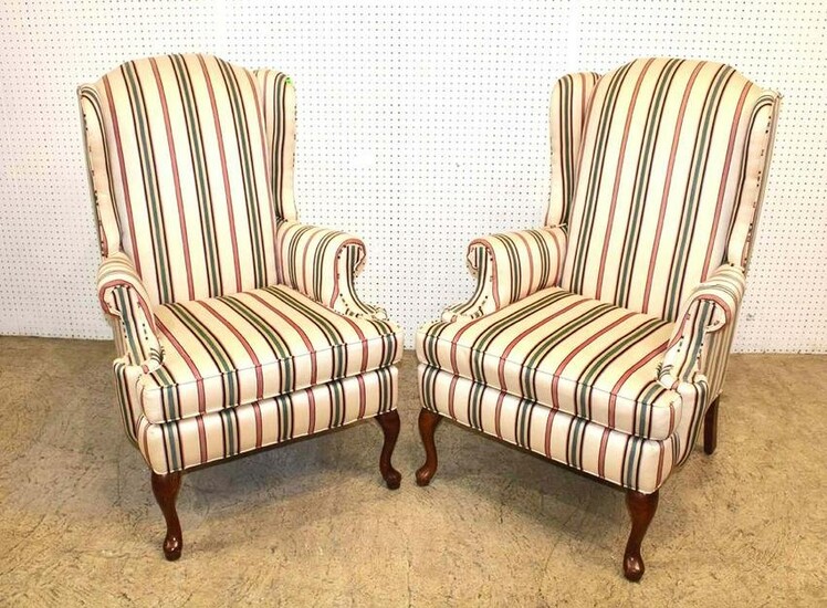 Pair Clayton Marcus striped upholstered wing chair