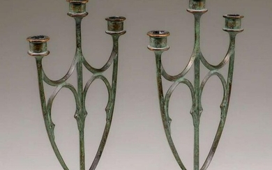 Pair E.T.Hurley Triple Bronze Candelabras c1920s