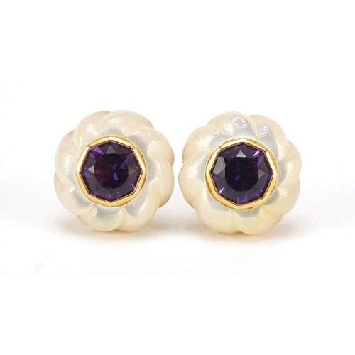 Pair of 14ct gold amethyst and mother of pearl stud earrings...
