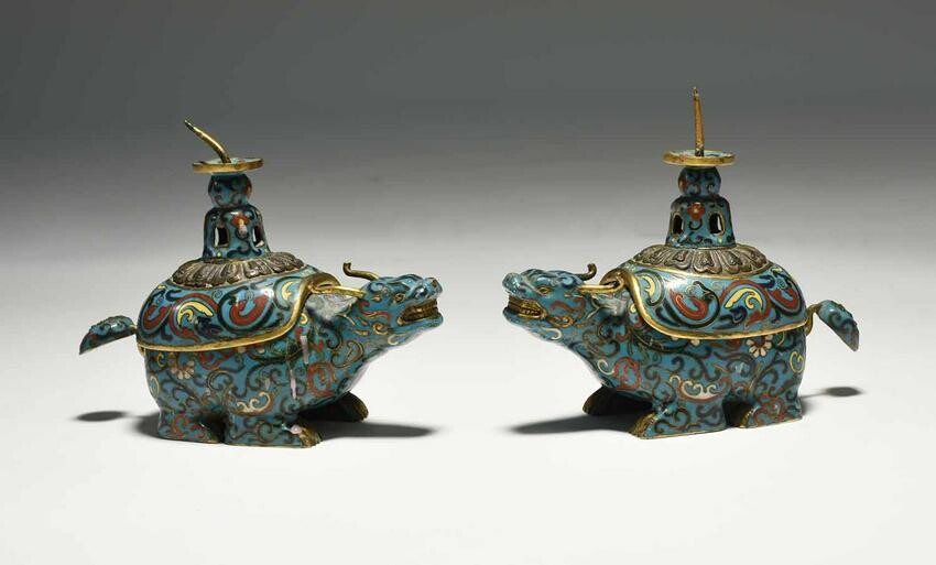 Pair of Chinese cloisonné water buffalo vessels