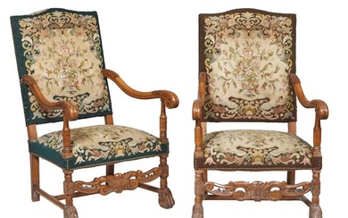 Pair of French Louis XV Style Carved Walnut Needlepoint Fauteuils, 19th c., H.- 43 in., W. 26 1/2