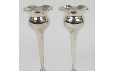 Pair of George V silver 'tulip' vases, Birmingham 1921, flar...