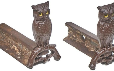 Pair of Iron Farmhouse Andirons, Owl Motif
