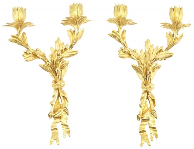 Pair of Louis XVI Style Gilt-Bronze Two-Branch Wall Lights