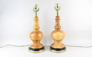 Pair of Modern Turned Wood Lamps,Mid Century Modern