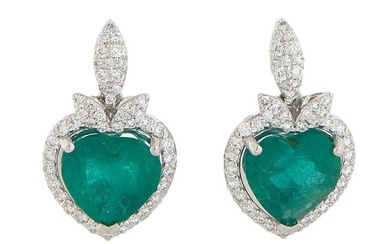 Pair of Platinum Pendant Emerald Earrings, each diamond mounted stud suspending a heart shaped 3.4