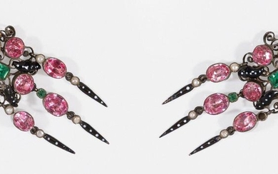 Pair of enamelled gold and silver earrings, decorated with pink...