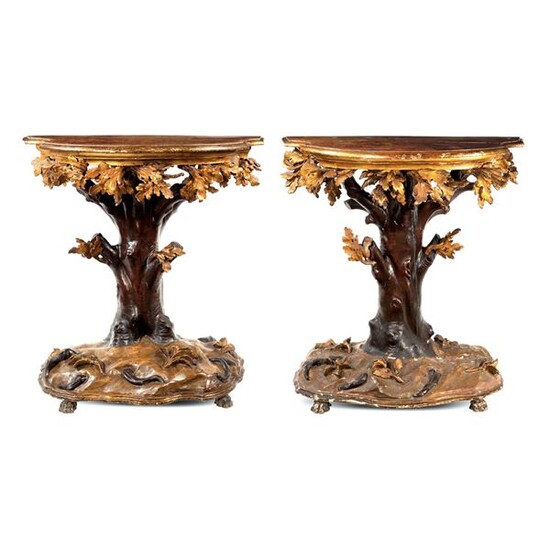 Pair of lacquered and gilt wood consoles