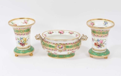 Pair of late 19th/early 20th century Copelands Spode vases and a matching bowl, all with similar decoration, the vases measuring 15.5cm height