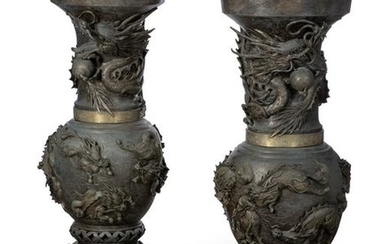Pair of monumental Japanese patinated metal vases