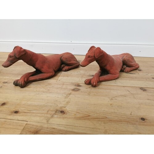 Pair of moulded terracotta reclining whippets {23 cm H x 64 ...