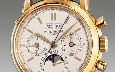 Patek Philippe, Ref. 3971E A very rare, fine and attractive yellow gold perpetual calendar chronograph wristwatch with moon phases, 24-hour indication, leap year indication, Certificate of Origin and presentation box