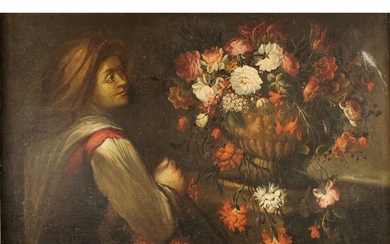 P.F. CITTADINI (attr.) (1616/1681) "Natura morta di fiori con personaggio" - "Still life of flowers...