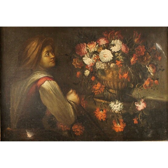 P.F. CITTADINI (attr.) (1616/1681) "Natura morta di fiori con personaggio" - "Still life of flowers...