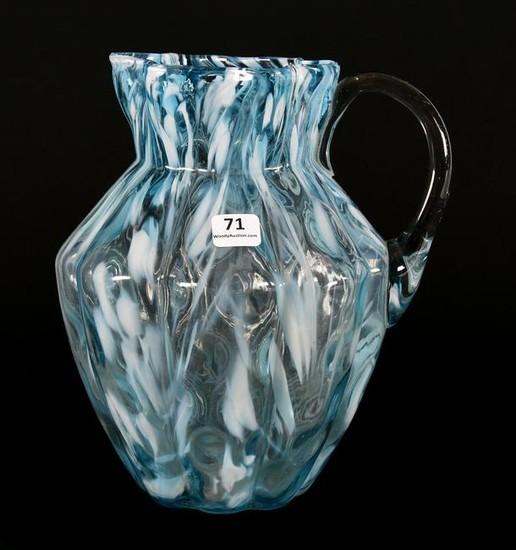 Pitcher, Art Glass, Blue And White Opal Spatter