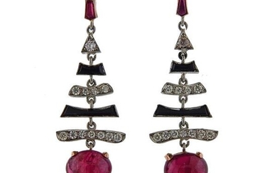 Platinum 18K Gold Diamond Ruby Onyx Earrings