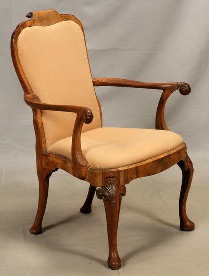 QUEEN ANNE STYLE CARVED WALNUT OPEN ARM CHAIR