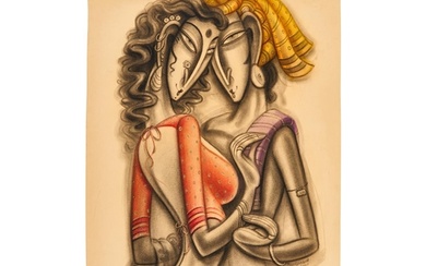 RAMESH PACHPANDE, ROMANTIC COUPLE, CHARCOAL AND DRY PASTEL O...