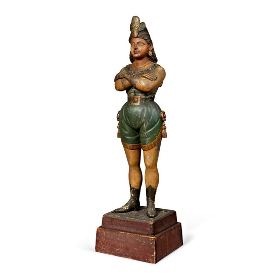 RARE AND IMPORTANT CARVED AND POLYCHROME PAINT-DECORATED PINE TOBACCONIST TRADE FIGURE DEPICTING A THEATRICAL FIGURE, POSSIBLY THE WORK OF WILLIAM DEMUTH OR SAMUEL ROBB, PROBABLY NEW YORK, CIRCA 1880