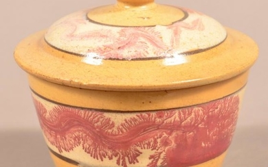 Red Mocha Seaweed-Decorated Yellowware Sugar Bowl.