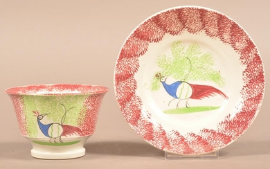 Red Spatter Open Body Peafowl Pattern Cup and Saucer.