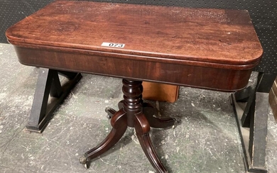 Regency Mahogany Card Table, with 'D' shaped top, turned pedestal & outswept legs with brass paw castors