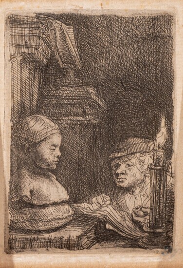 Rembrandt Harmensz. van Rijn (1606-1669), man drawing from a cast, ca. 1641, etching, 64 x 94 mm