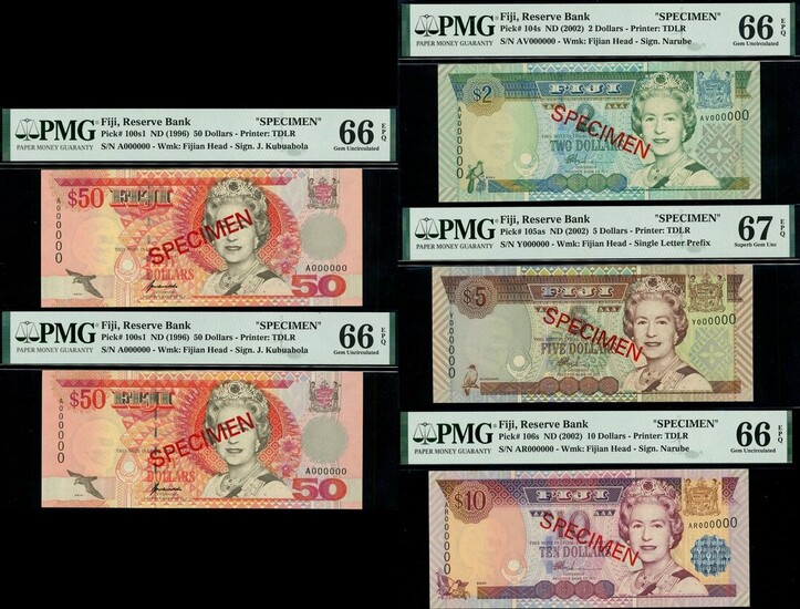Reserve Bank of Fiji, specimen 2, 5, 10, 50 (2) dollars 1996-2002, (Pick 100s 104s, 105s 106s)