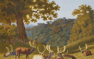 Robert Hills OWS, English 1769-1844- Stags and hinds in a parkland landscape; watercolour and bodycolour on paper, 37.5 x 50 cm. Provenance: Anon. sale, Christie's, London, 1 Dec. 2004, lot 30.