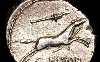Roman Republic. L. Censorinus, 82 BC. AR Denarius,Horse galloping right; above, control symbol (Torch); below, C·CENSOR