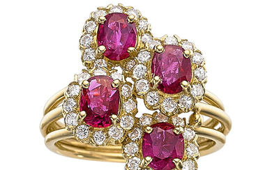 Ruby, Diamond, Gold Ring Stones: Oval-shaped rubies weighing a...