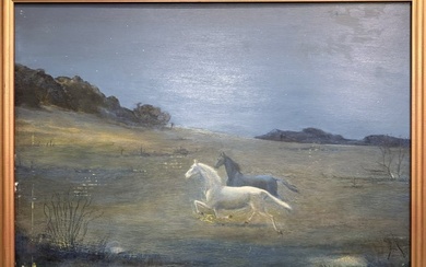S. Filié Signed Large Nighttime Equestrian Oil on Board Painting Framed