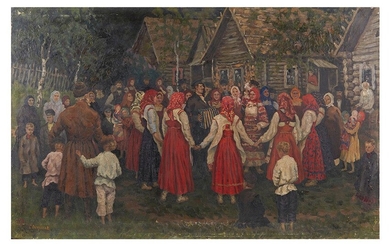 S. OKORGOV (XIX-XX) Fête villageoise Huile sur toile signée en bas à gauche 90 x...