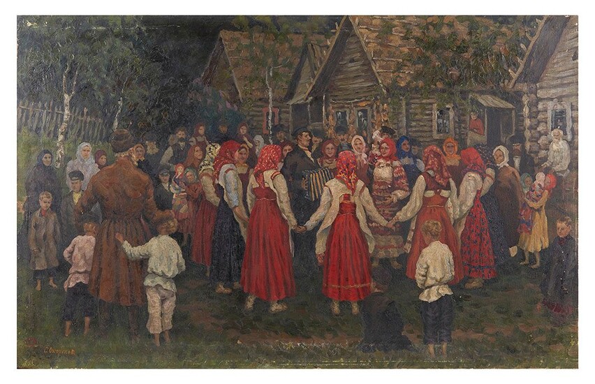 S. OKORGOV (XIX-XX) Fête villageoise Huile sur toile signée en bas à gauche 90 x...