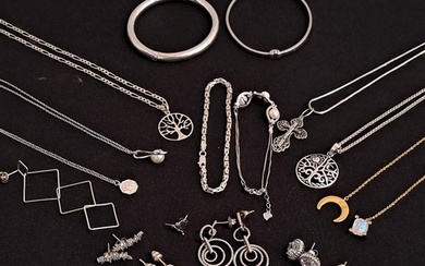 SELECTION OF SILVER JEWELLERY including various pedants on ...