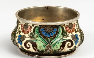 SMALL RUSSIAN SILVER BOWL WITH CLOISONNE ENAMEL