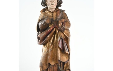 SUJET en bois polychrome représentant Saint Luc. Belle polychromie ancienne. Fine exécution du visage et...