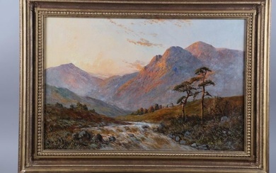 Scottish Highlands River Valley at Sunset, signed antique oil painting
