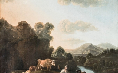 Scuola Romana del XVIII secolo Paesaggio con pastorella e armenti olio su...