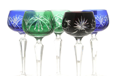Set of Five Colorful Bohemian Crystal Wine Goblets.