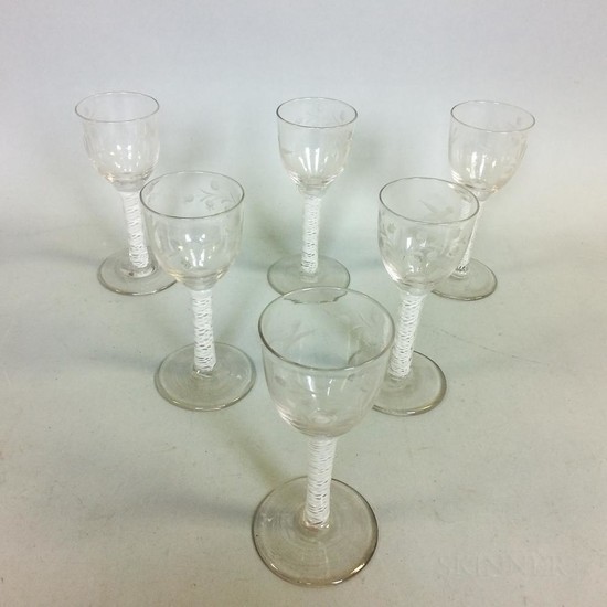 Set of Six Etched Colorless Blown Glass Wines, with air-twist stems, ht. 6 in.